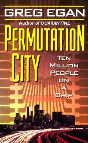 Cover of Permutation City by Greg Egan, showing a glowing cyberpunk cityscape framed inside a computer chip pattern